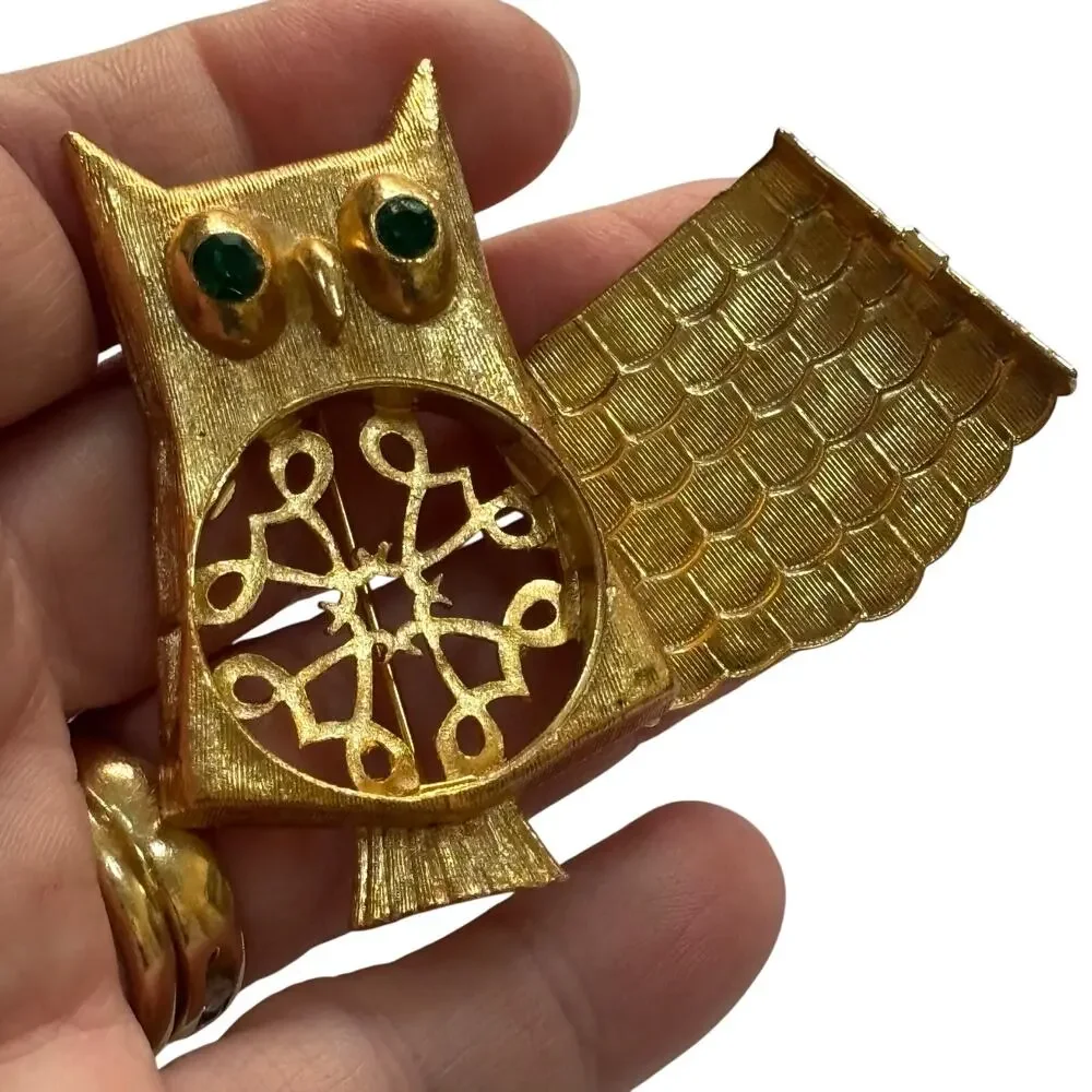 Vintage Avon Owl Perfume Brooch Locket Goldtone & green rhinestones